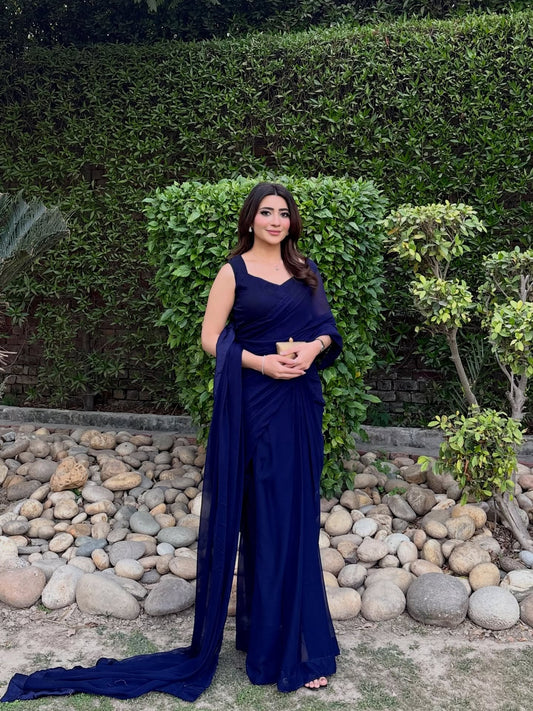 Sleeveless Blouse Navy Blue Chiffon Saree Stitched
