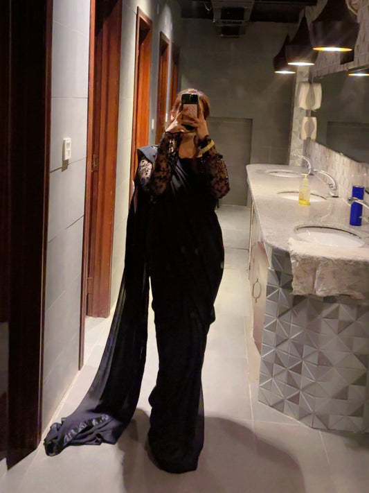 Elegant Embroided Chiffon Pallu Saree Stitched