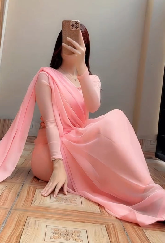 Shama-e-Husn Chiffon Saree Peach Pink Stitched