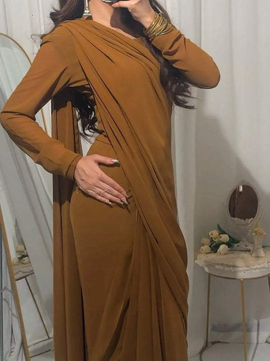 Camel Brown Classic Saree Stitched