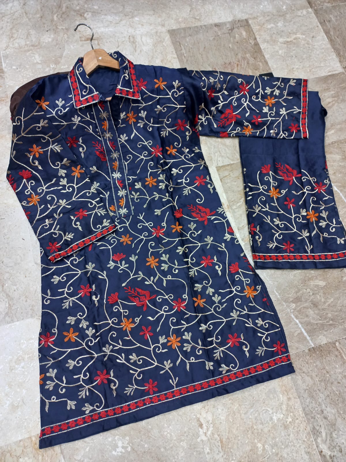 Heavy Multi Embroidered Sleeves,Collar Shirt With Emb Trouser 2Pcs (PREMIUM QUALITY)